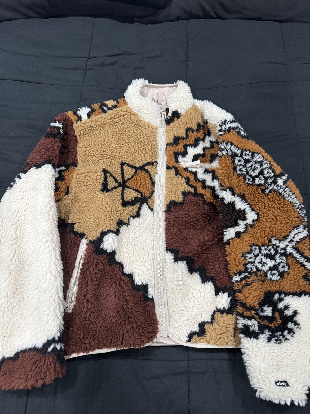 Obey Kids Patchwork Sherpa Jacket in Brown, Tan, Cream, White